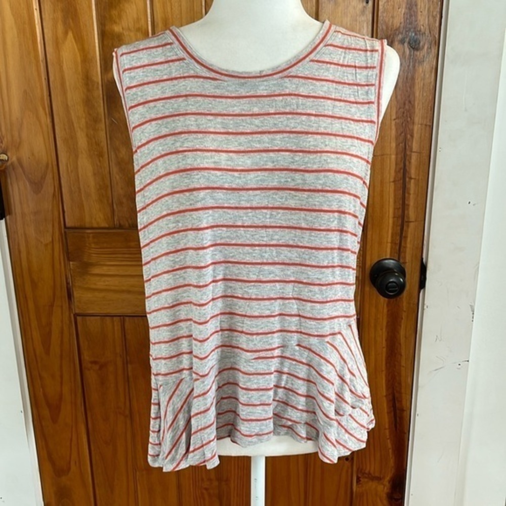 Cabi Harmony knit Tank Top Small Grey Orange Striped Ruffle Peplum Sleeveless